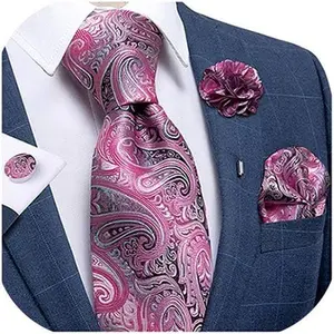 Silk Ties for Men Necktie and Lapel Pin Brooch Set Formal Woven Paisley Plaid Striped Solid Tie Wedding Party