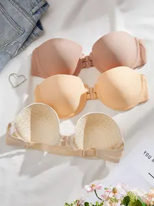 Double Front Buckle Strapless Heart Shaped Anti-Slip Seamless Bralette Wedding Dress Invisible Underwear Set of 3