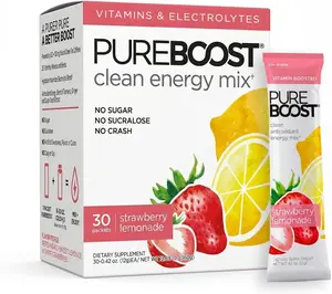 Pureboost Clean Energy Drink Mix, Sugar-Free Strawberry Lemonade, 30 Count with B12 Vitamins, Electrolytes & Antioxidants, No Sucralose
