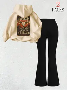 Women's Warm Hoodie Set, Slim Fit Comfortable Bell Bottom Pants, Cow Head Letter Print, Kangaroo Pocket Daily Wear