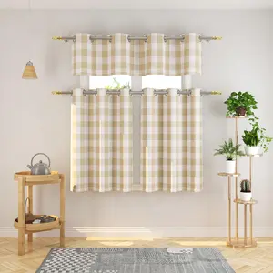 3 Pc Cotton Classic Country Farmhouse Kitchen Window Curtain Grommet Top -Beige & White Buffalo Check Tier & Valance Set, 54" x 18" / 32" x 30"
