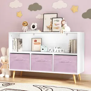 Summervibes Kids Bookcase with Collapsible Fabric Drawers Children's Book Display Toy Storage Cabinet Organizer in Purple and White Grey Linen Sofa Set Ottoman Brown Stripe Luxury Recliner bed L-Shaped Cashmere Padded Extendable Metal Dining Table