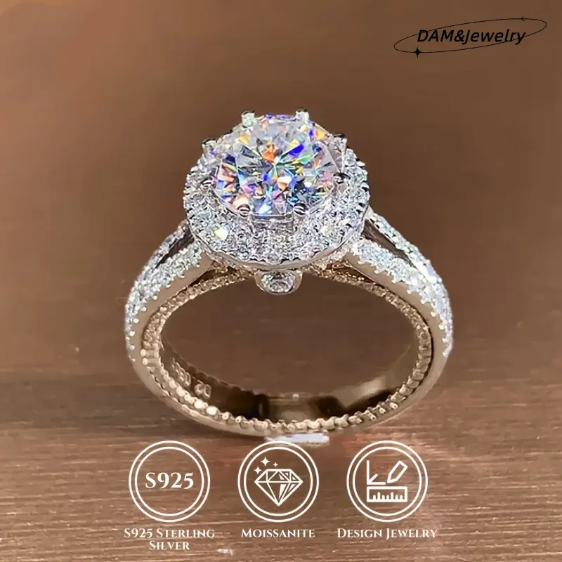 Female 2ct 925 Sterling Silver Elegant Artificial Gemstone Ring - Round Synthetic Moissanite, Diamond Alternative, Ideal Engagement/Anniversary Present for Adults, All Fit Size Options Available