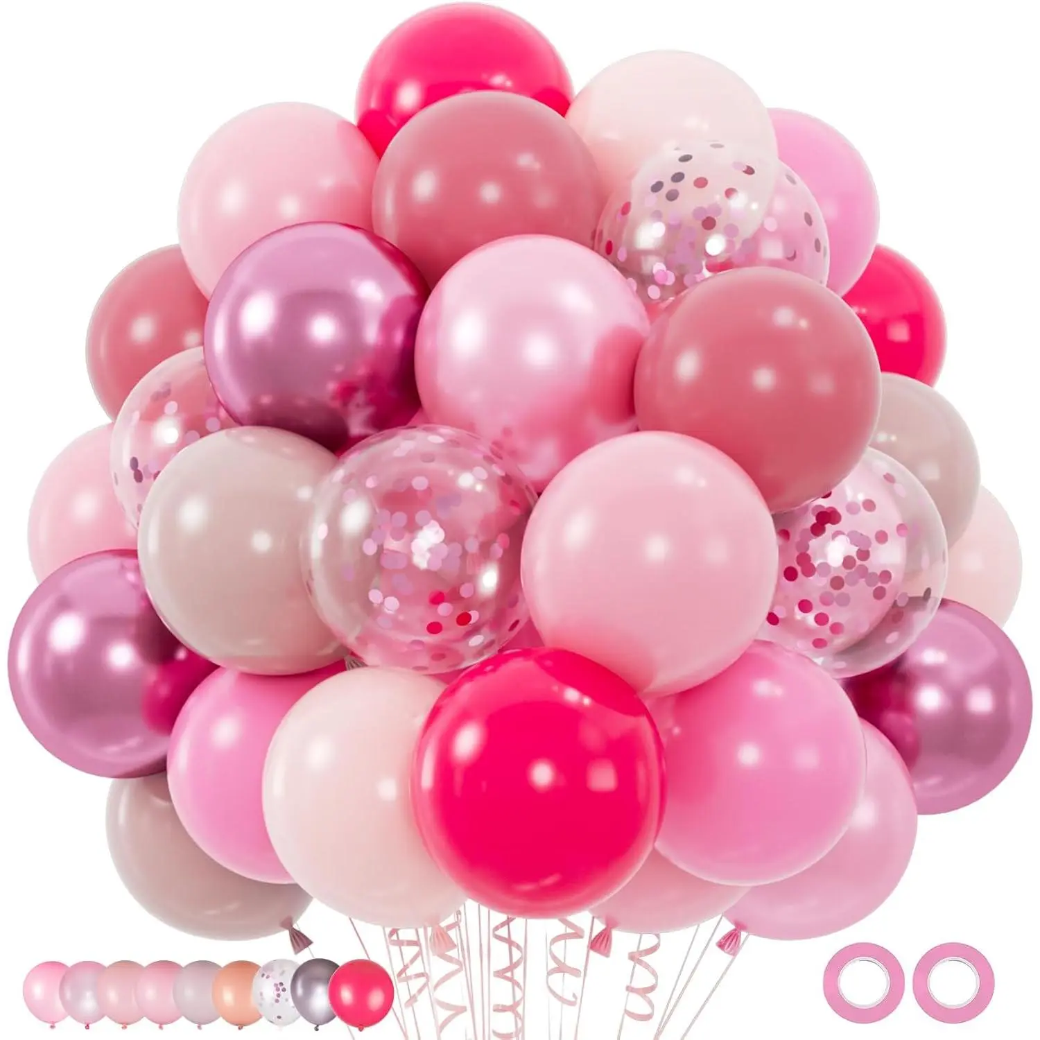 100pcs Hot Pink Balloon Kit, 12 Inch Assorted Pearl, Metallic, and Confetti Latex Balloons for Birthday Party, Wedding, Engagement, Backdrop, Set, Christmas, Party Decor, Pink Confetti, Round, Baby Shower, Ribbon, Blush Pink