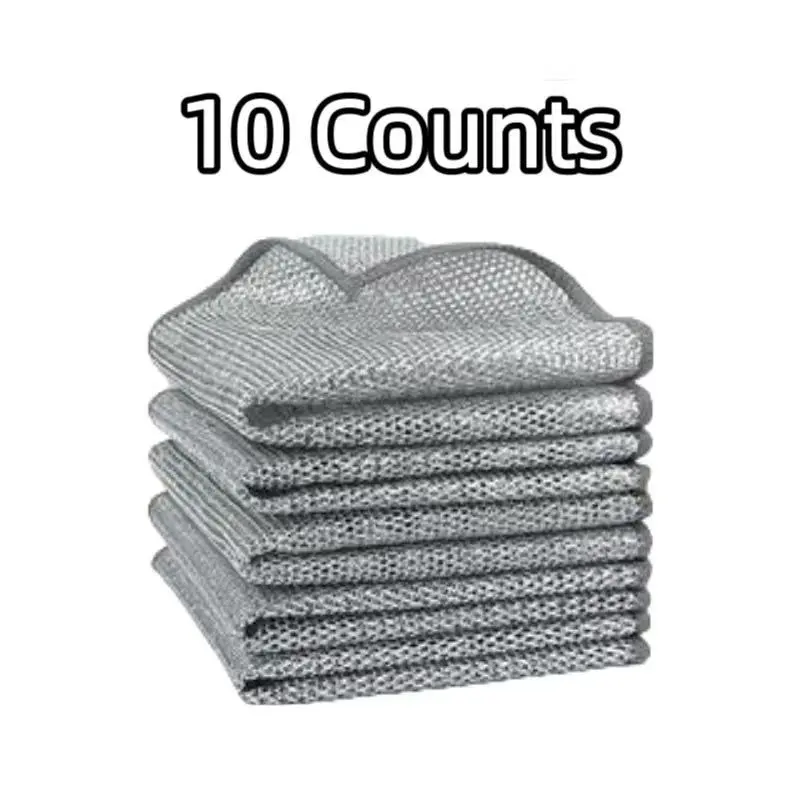 10pcs 2-Layer Metal Wire Microfiber Cleaning Towels Set, Scratch Resistant, Durable Reusable Multipurpose Dishwashing Rags, Water Absorbent Home Cleaning Tool for Wet/Dry Clean, Machine Washable