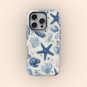 Watercolor Blue Nautical Beach Starfish & Seashells Premium Film 2-in-1 Smartphone Casing - Durable, Shock-Absorbing, Stylish Protection - Cellphone/Handheld Accessories for iPhone 16,15,14,13,12,11 (Plus,Pro,Pro Max) - Ideal Birthday Gift
