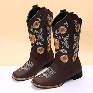 Cowboy women's western boots, mid calf sunflower embroidery sewn square toe low heel, American 6-10.5 walking shoes, leather casual shoes, comfortable decoration