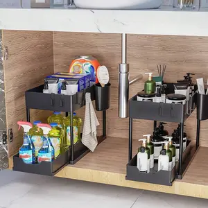 2 Layer Sliding Under Sink Cabinet Organizer, Tracks, Durable Metal Frame, Space Saving Kitchen/bathroom Storage Rack, /