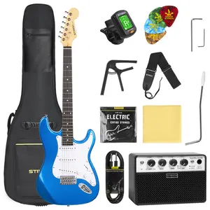 STRICH 39" Electric Guitar Beginner Kit, SSS Pickup, 10W Amp, Bag, Tuner, Capo, Strap, Strings, Cable, Picks - SST-S10 Sapphire Blue