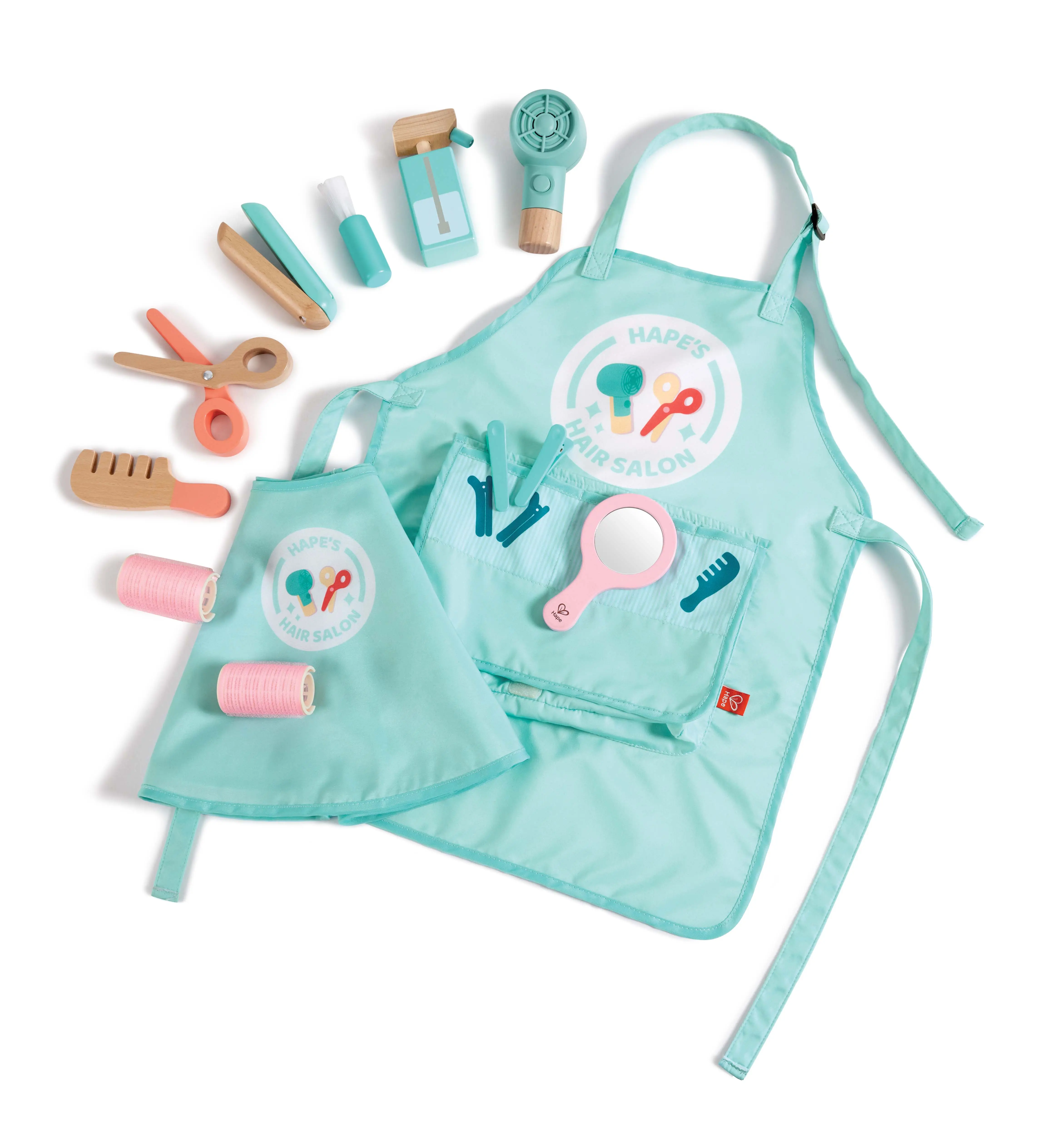 Hape Super Stylish Imitation Salon Pretend Play Set for Kids - Inspires Imaginative Role-Play, Includes Comb, Toy Hairdryer, Clips, Rollers, Scissors, Spray Bottle, Stylist's Apron, Client's Cape to Reduce Fear & Anxiety