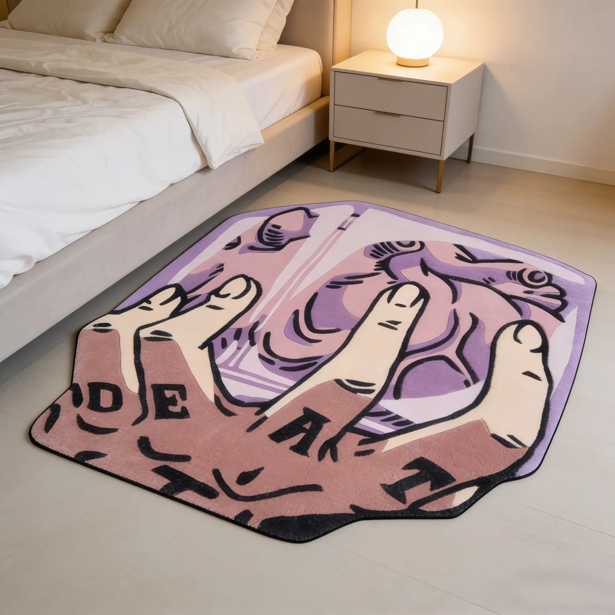 Personalized art palm shaped carpet, pink purple contrasting velvet floor mat, bedroom bedside anti-slip and wear-resistant foot mat, decorative mat suitable for ins style home decoration, Home Decor Rugs, Casual Area Rug