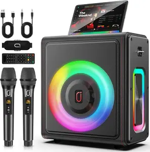 Karaoke Machine, Portable Bluetooth 5.3 Speaker with 2 Wireless Microphones for Adults, 200W Retro Leather PA System with Pitch Correction, Supports TV/TWS/TF Card/USB/AUX/Live (2MICS)