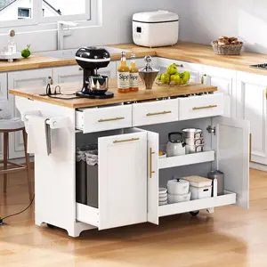 59.3" Wide Rectangular Rolling Kitchen Island with Lockwheels, Rubberwood Drop Leaf, 2 Pull-Out Cabinet Organizers, Trash Can Storage, Power Outlet, Spice & Towel Rack for Kitchen, Dining, White/Black