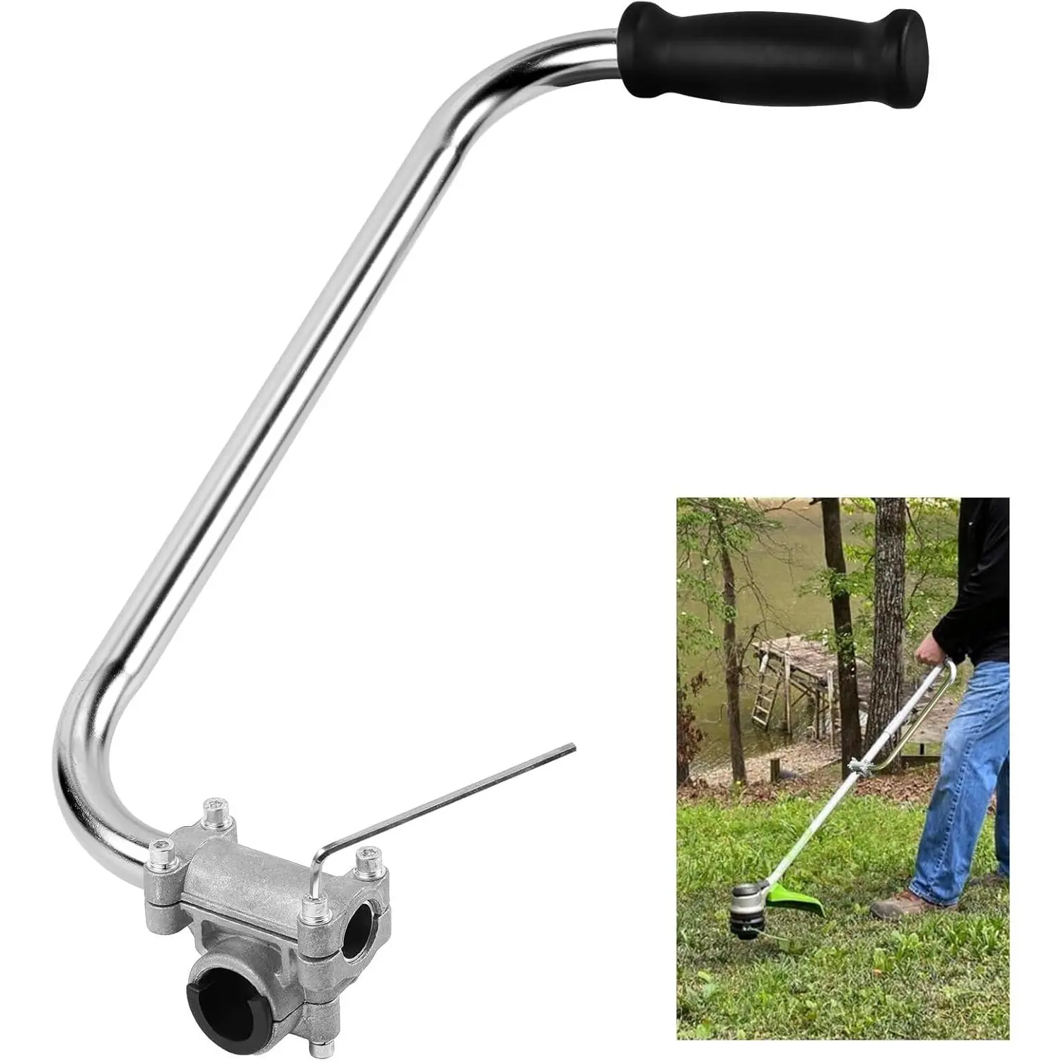 Ergonomic Portable Aluminum Weed Eater Handle - Garden Yard Trim Ergo Grip Attachment with Bracket Clamp, Tiller Shaft Compatibility for Back Relief, Farm Use