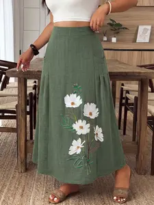 Plus Size Women's Ethnic Floral Print A-Line Skirt, Elastic High Waist Loose Fit, Pocketed Long Skirt for Daily Wear, Travel, Vacation