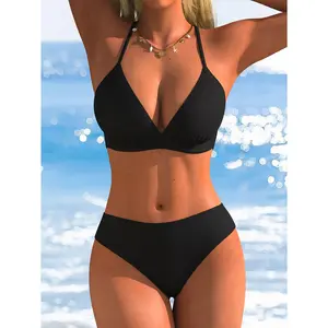 Women's Two-Piece Quick-Dry Bikini Set, Sexy Triangle Cups, Halter Crisscross Tie Back, High Waisted Swimsuit for Summer Beach Vacation