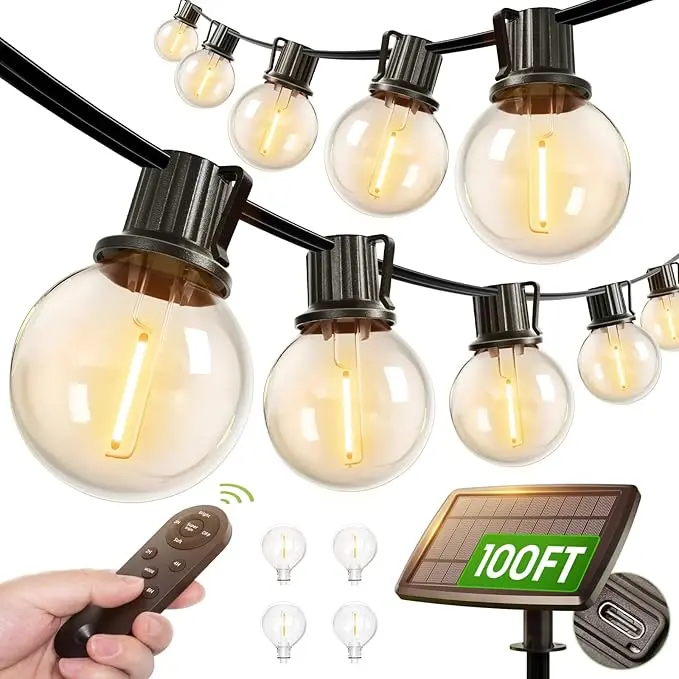 Solar Outdoor Lights - Rechargeable Waterproof Shatterproof G40 LED Edison Bulbs String Lights, LED Ambient Lighting with Romantic Glow for Valentine Nights, Connectable Sets Wrap Pergolas Easily for Courtyard, Cafe