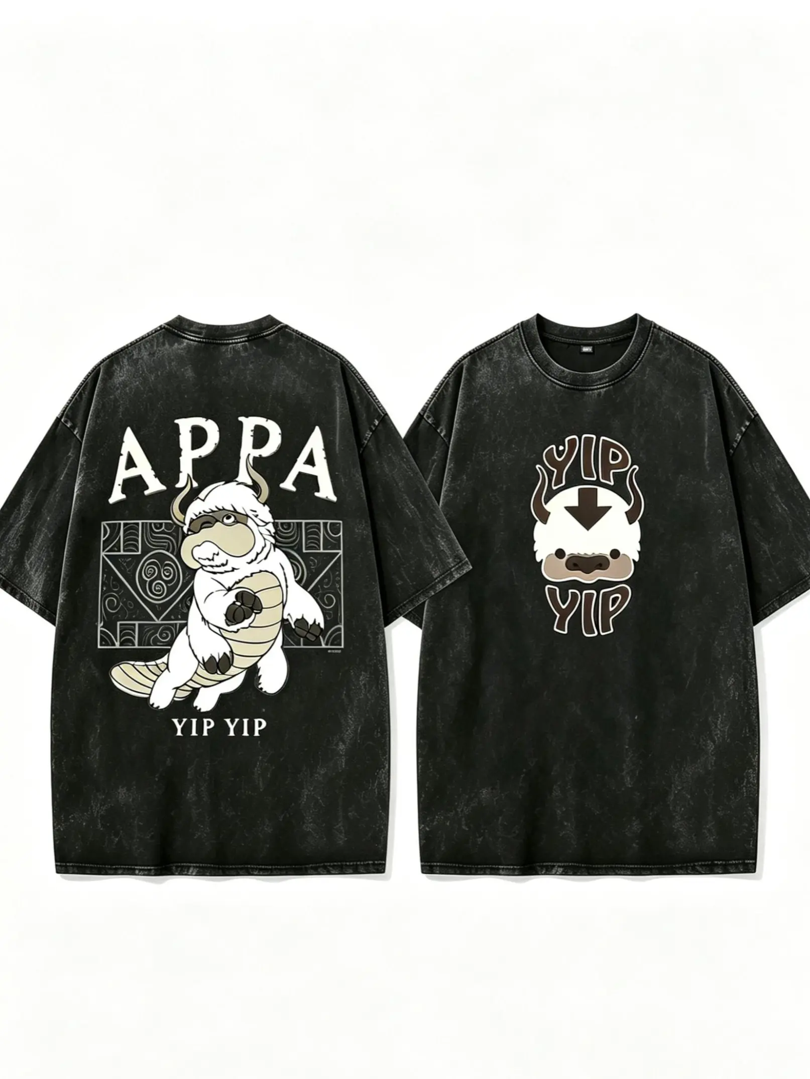 [HM] Men's Avatar: The Last Airbender Appa Yip-Yip Casual Streetwear Short-Sleeve Crew Neck Black Top - Iconic Menswear Tee for Series Fans, Avatar Fire Merch, Retro Anime Enthusiasts, Shortsleeve, Tshirt