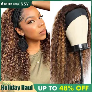 Highlight Ombre Headband Deep Wave Headband Wig Human Hair 180% Density Half Wigs for Black Women Glueless None Lace Front Wigs Brazilian Virgin Human Hair Headband Wigs Curly Wig