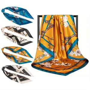 4pcs Large Square Satin Head Scarf - Silk Accessories Classic Patterned Squares Beach Bandanas for Women