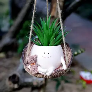 Swing Face Planter Pot, Hanging Resin Flower Head Planters, Indoor Outdoor Plants, Succulent Pots, Garden Pot, Bear Gift Ideas for Mother, Christmas, Swinging Planter