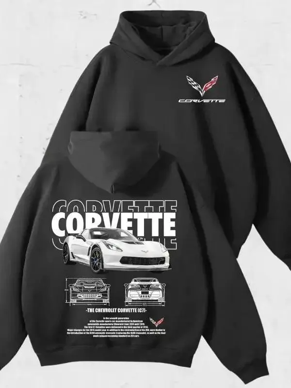 Corvette C7 Hoodie – Classic Chevy Sports Car Graphic Pullover, Retro Muscle Car Sweatshirt, Vintage Cotton Unisex Top, Gift for Car Lovers