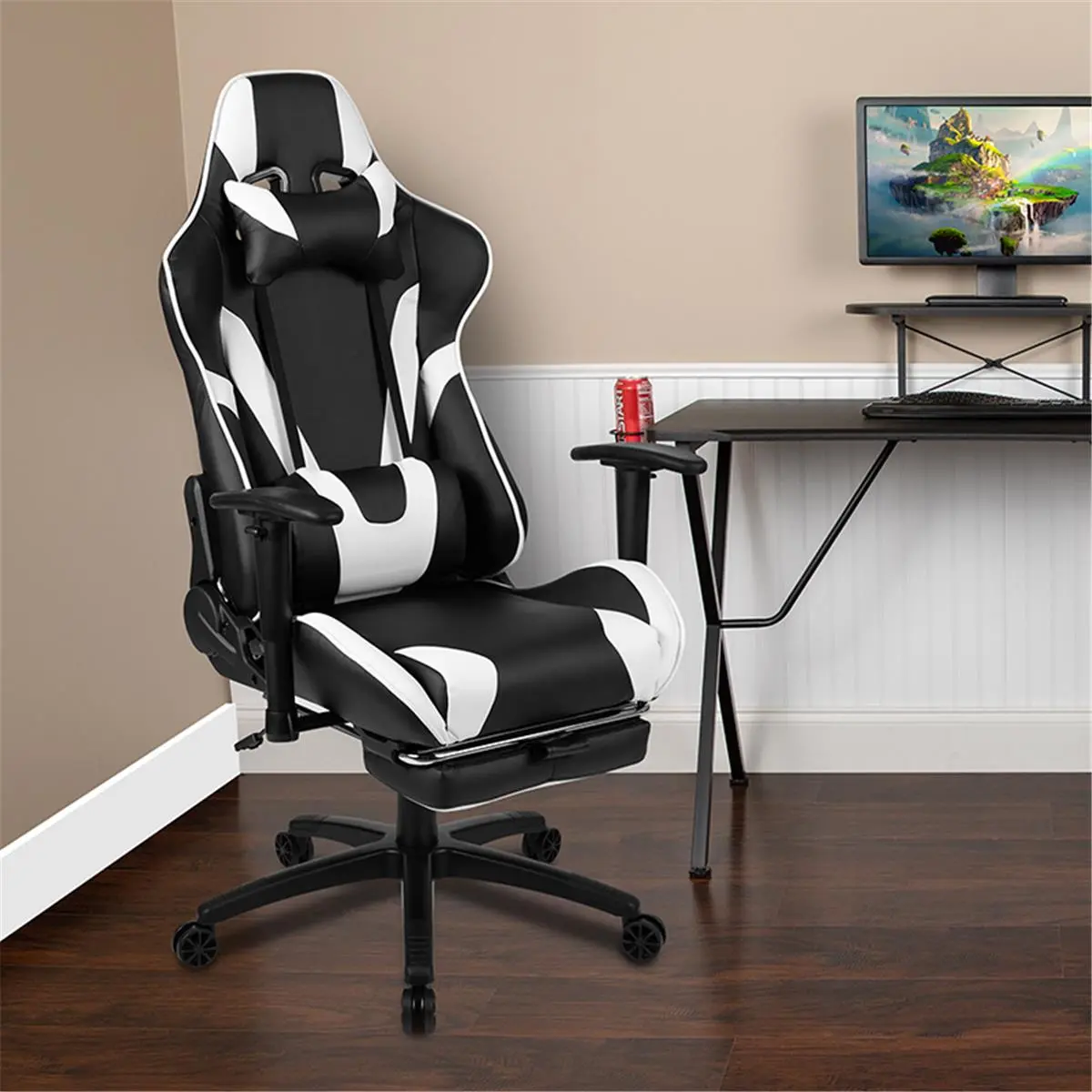 Flash Furniture CH-187230-BK-GG 29in x 30in High-Back Leathersoft Racing Gaming Chair - Black Plastic-Accented Office Chair with Adjustable Arm, 87° Fully Reclining Back, Slide-Out Footrest, 53 lbs Weight Capacity