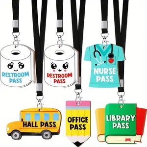 6 Sets Hall Pass Lanyards, Unbreakable Wooden Bathroom Passes for Classroom, Office, Nurse, Nursing Students, Teacher Supplies Gift