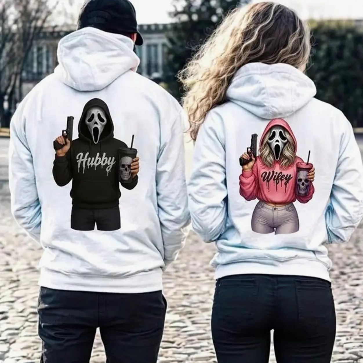 Wifey & Hubby Ghostface Halloween Couple Matching Hoodies Graphic Hoodie Pullover Hooded Sweatshirt for Women for Men, Perfect Gift, Trendy Best Gift