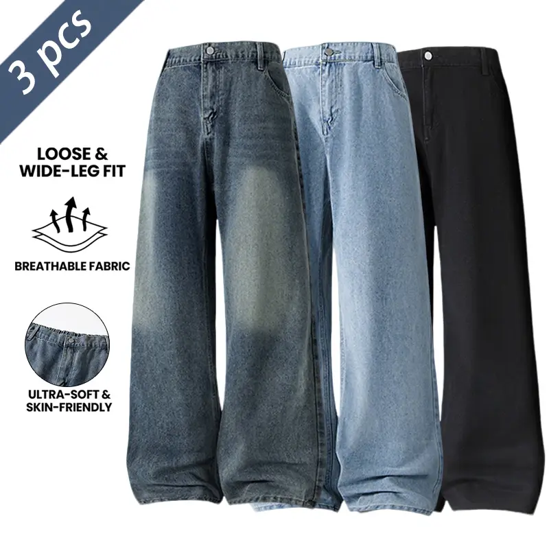 Men’s 3-Pack Casual Straight-Leg Vintage Jeans, Streetwear Clothing, Wear-Resistant Non-Stretch Denim, Black Washed Finish, Men's Pants, Pants for Everyday Commuting & Casual Outfits