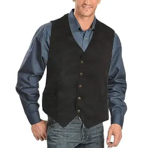Men's Western Suede Vest, Vintage Cowboy Style Button-Down Waistcoat with Pockets, Casual Formal Outerwear for Rodeo & Daily Wear