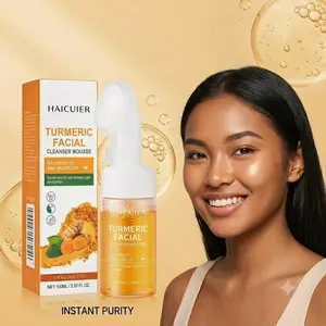 Turmeric Foaming Facial Cleanser with Silicone Brush, Daily Face Wash for Deep Cleansing, Moisturizing, Hydrating & Brightening Skin Care, Gentle Pore Cleanser for All Skin Types