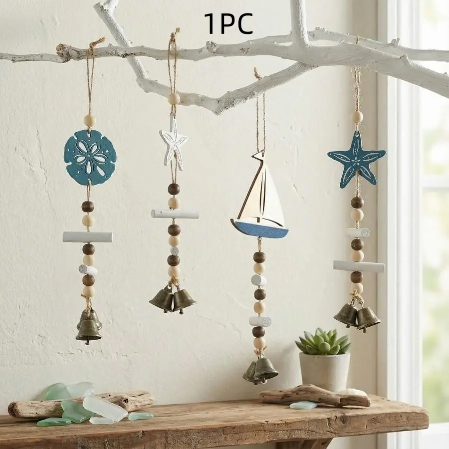 Mediterranean Wooden Starfish Wind Chime, Sailboat Bell Hanging Ornament, Home Festival Decor, Unique Wall Decoration, Boho Decor, Hangable, Decorative Home Accessory