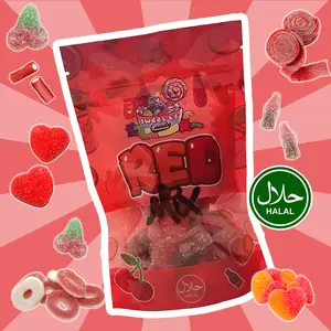 Halal Red Gummy Candy Mix – Fizzy & Fruity Sweets Bag with Sour Strawberry Belts, Watermelon Gummy Rings, Peach Hearts, Cherry Cola, Fondant Pencils & More