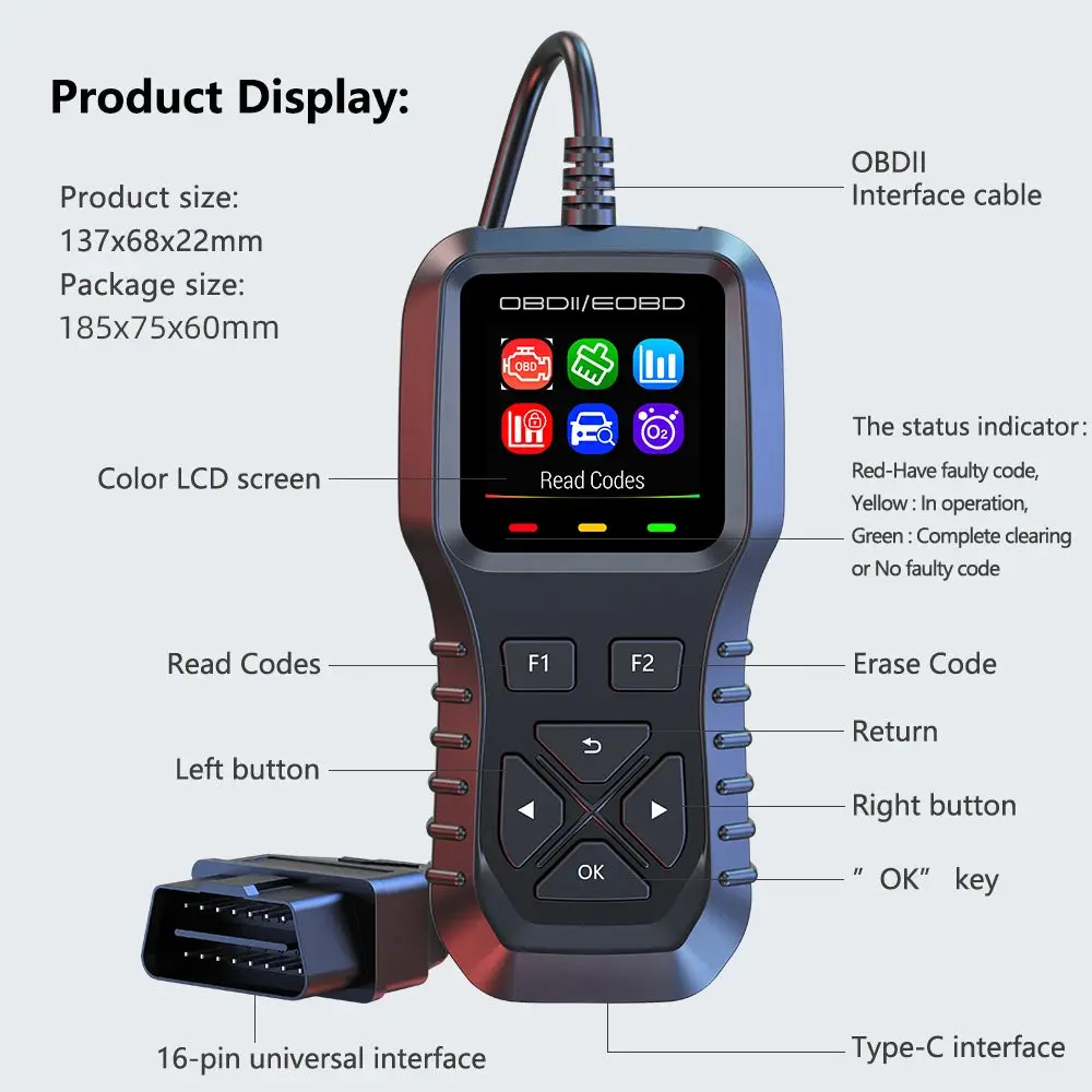 Auto Electronics New K1 OBDII/EOBD Car Scanner Electric Power Vehicle Diagnostic Tools Battery Tester English Code Reader 1 Year