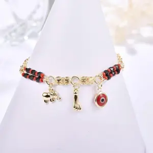 Women's Gold Stainless Steel Evil Eye Hamsa Bracelet with Elephant, Red & Black Bead Charms - Trendy Protection Jewelry, Ideal Gift for Birthday & Casual Wear