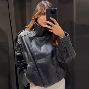 Black PU Leather Jacket Women's jacket autumn 2025 Oversize Asymmetrical Zipper outerwears new in coats & jackets long sleeve Biker Jacket Street Style Jacket  puffer