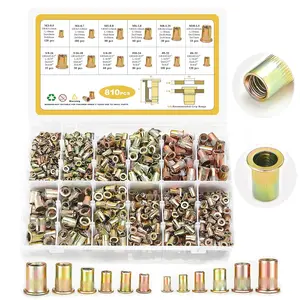 Rivet Nut Kit, 810pcs SAE & Metric Rivet Nut Assortment Kit Galvanized Carbon Steel Flat Head Threaded Insert Nuts, Sizes 6-32 8-32 10-24 1/4"-20 5/16"-18 3/8"-16 M3 M4 M5 M6 M8 M10