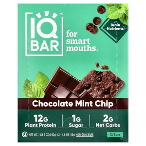 IQBAR Plant Protein Bars, Chocolate Mint Chip, 12 Bars, 1.6 oz (45 g) Each