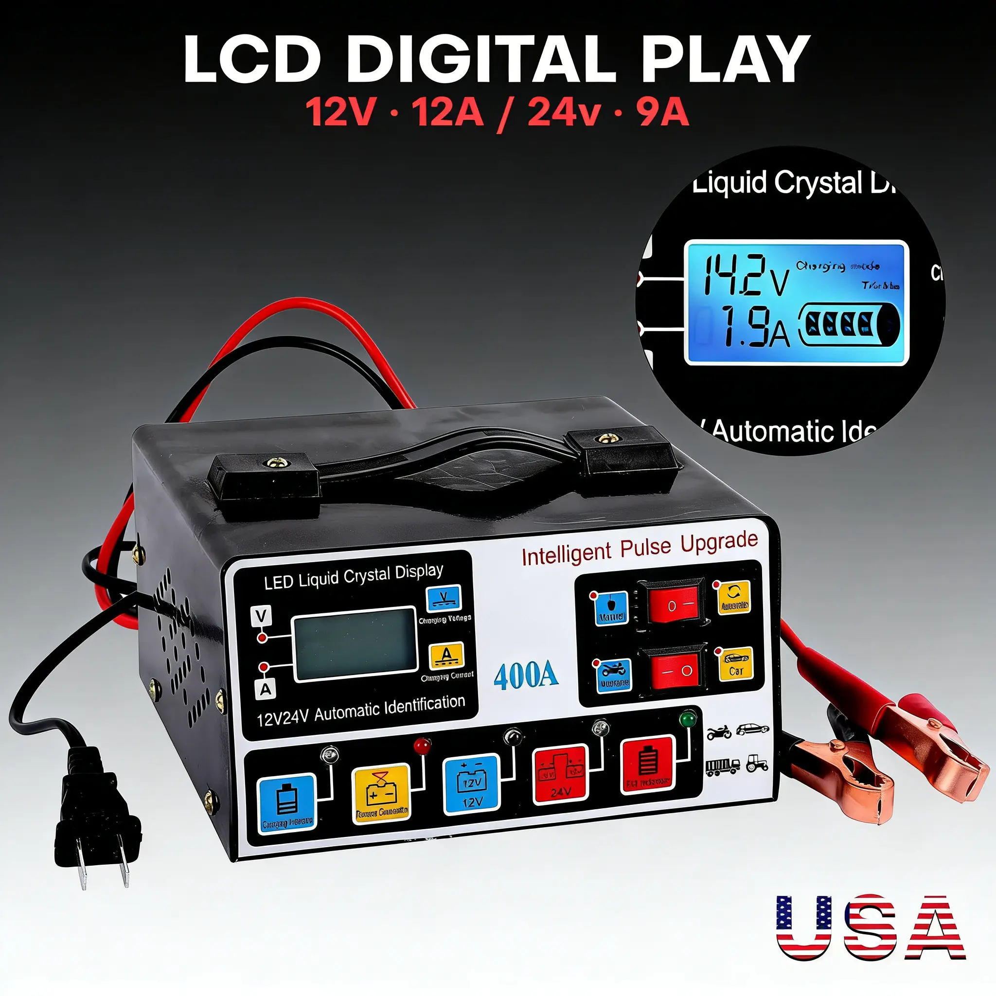 400A Heavy Duty Smart Battery Charger - 12V/24V Automatic Pulse Repair, Trickle Charging, Durable & Versatile for Cars, Trucks, Marine Batteries