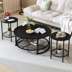 3 Pieces Round Coffee Table Sets, 31.6 In Industrial Living Room Table With 2 End Side Tables, Easy Assembly Coffee And End Tables Sets With Metal Legs, For Office, Living Room And Apartment