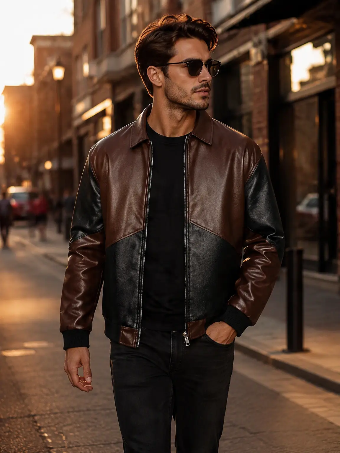 Men’s black and brown colorblock PU leather aviator jacket, bomber jacket with faux shearling collar, quilted lining, front zipper and utility pockets, casual fall/winter outerwear, sohochic