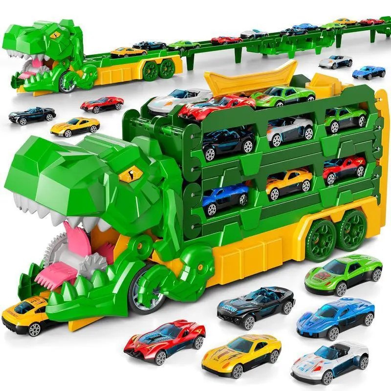 JJ Toys Foldable Transforming Dinosaur Truck Set - Kids Play Vehicles, 12-Car Die-Cast Metal Action Vehicles, Slide-Forward Function, Car Track, High-Quality Design, 4-6 Years Unisex Birthday/Christmas Gift