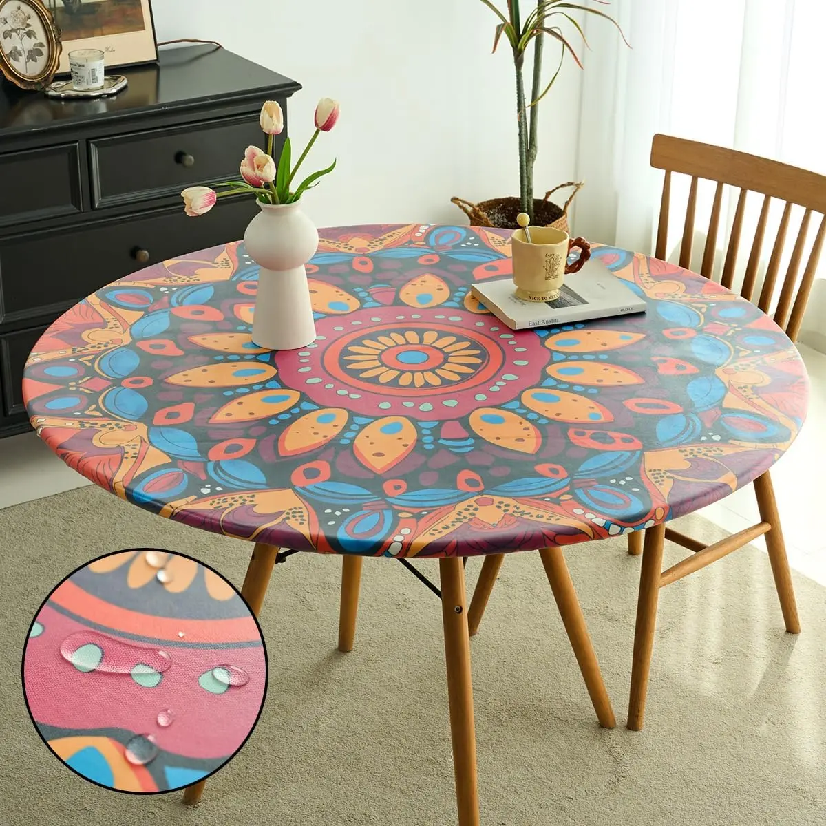 Stretch Fit Mandala Round Fitted Vinyl Tablecloth, 48-Inch Protective Cover for 36-44-Inch Casual Dining Tables, Ethnic Pattern, Wipeable, Waterproof, Windproof, Stain-Resistant, Wear-Resistant, Anti-Scratch, 36-Inch To 44-Inch