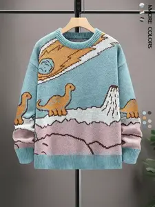 Men's Cartoon Dinosaur Print Drop Shoulder Sweater, Casual Regular Fit Long Sleeve Round Neck Jumper for Fall & Winter, Fashion Men's Knitwear for Daily Wear