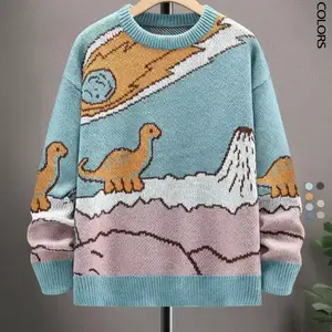 Men's Cartoon Dinosaur Print Drop Shoulder Sweater, Casual Regular Fit Long Sleeve Round Neck Jumper for Fall & Winter, Fashion Men's Knitwear for Daily Wear