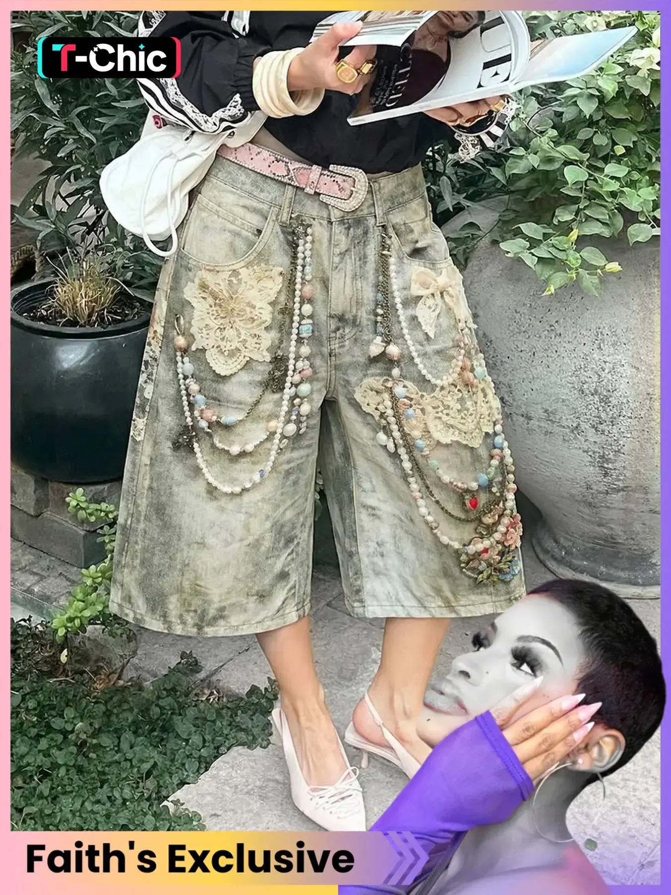 Women's Handmade Vintage Acid Wash Denim Jorts, Boho Lace Patch Pearl Chain Embellished, Baggy Wide Leg Shorts for Coachella
