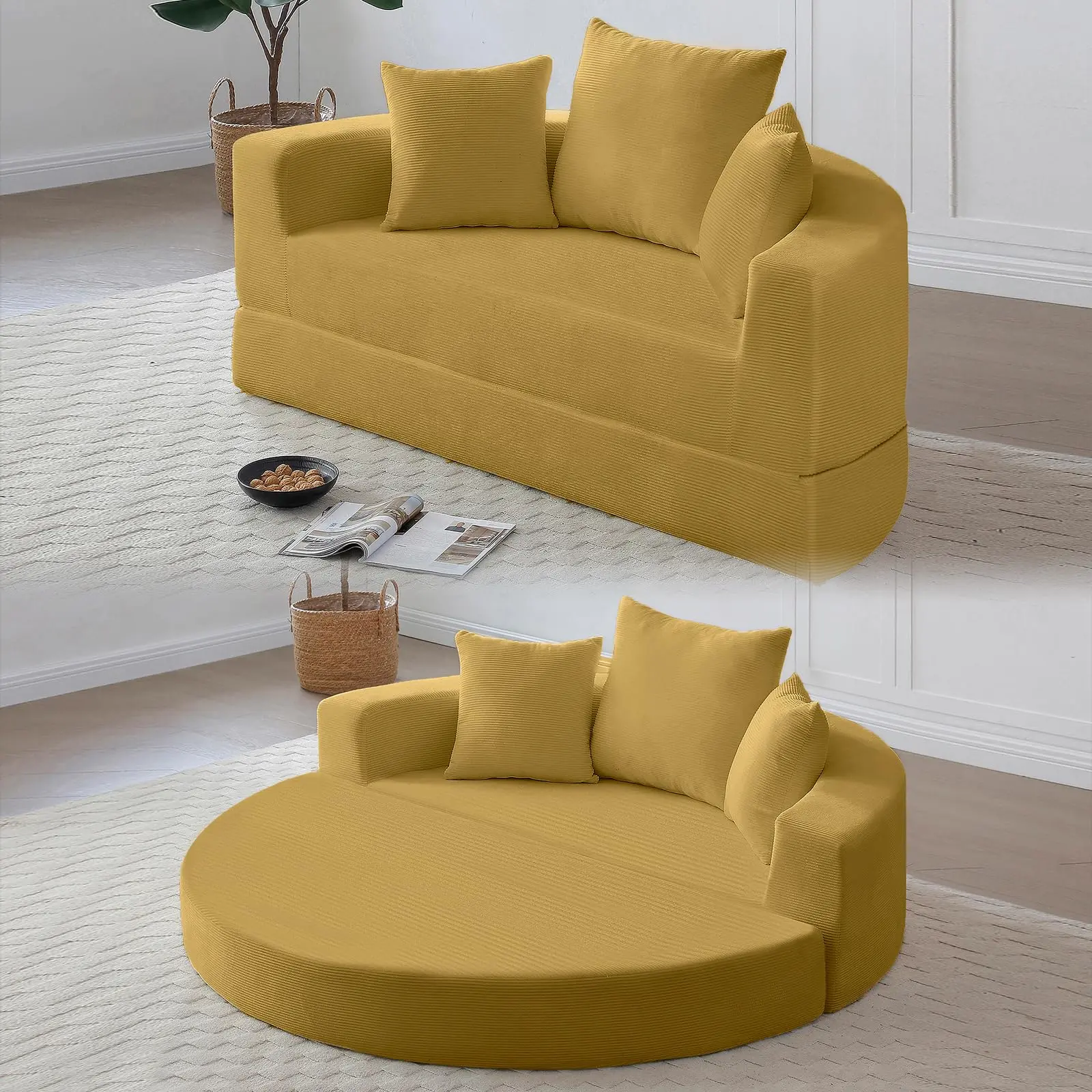 Round Boneless Corduroy Convertible Sofa Bed, 2-in-1 Half Circle Folding Futon Couch with Throw Pillows, Soft Upholstered Loveseat Sofa for Living Room Small Apartment Guest Room