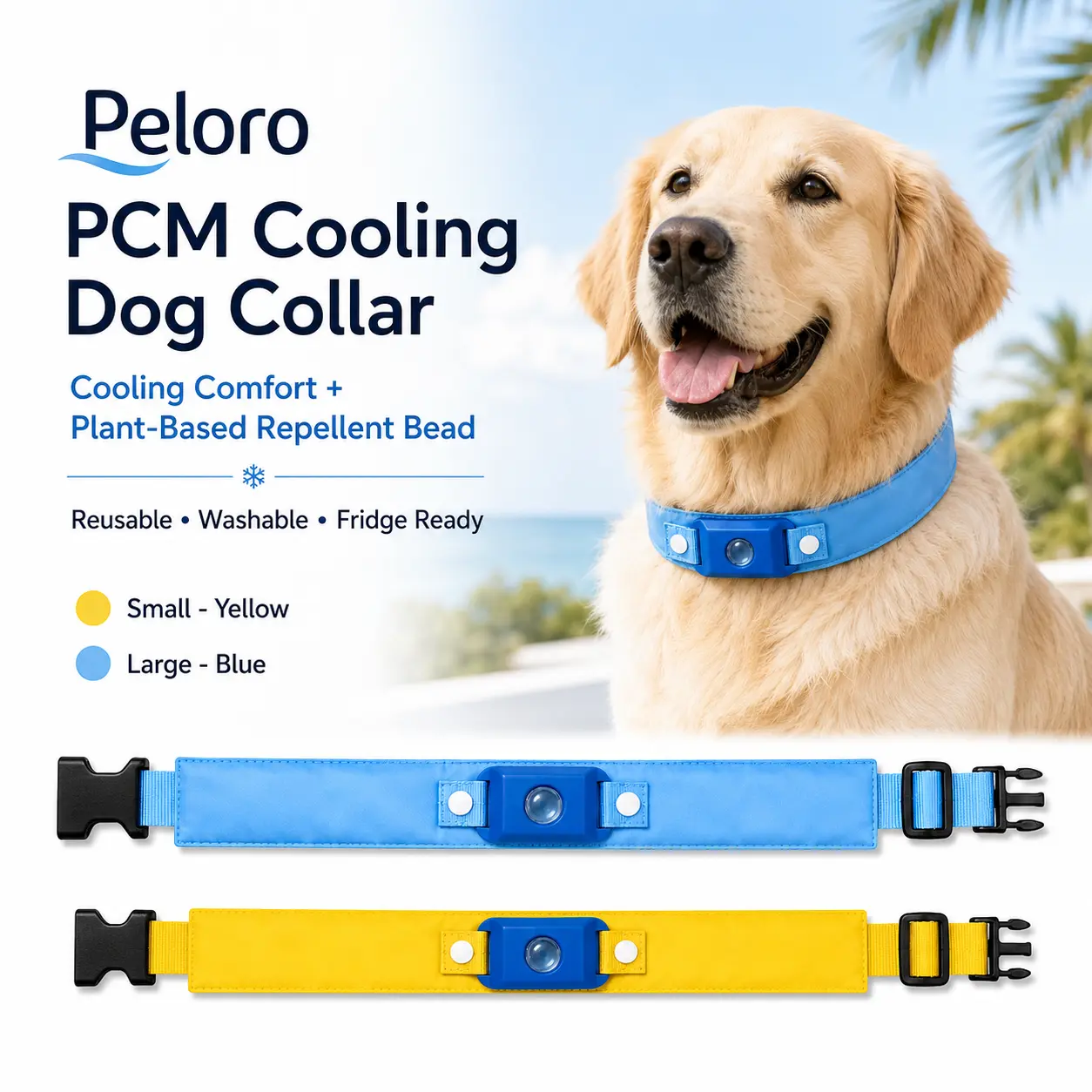 Peloro Waterproof Plastic PCM Cooling Dog Collar with Detachable Plant-Based Repellent Bead, Hand-Wash Only Reusable Fridge-Ready Collar for Summer Walks, Travel Heat Relief (B), Camping