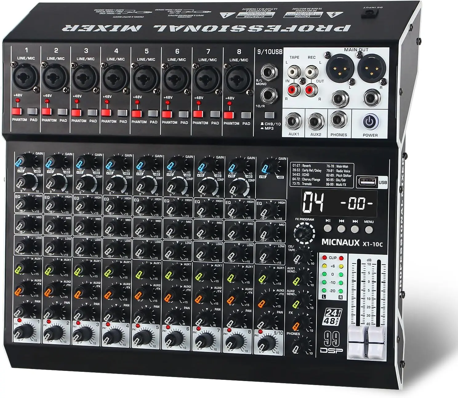 Professional Audio Mixer Console for Djs & Karaoke Machine - 10 Channels, 99 DSP Effects, Bluetooth/USB Connection, 48V Power Supply, PAD Button, Pad Karaoke Record, 12-Channel Recording Option